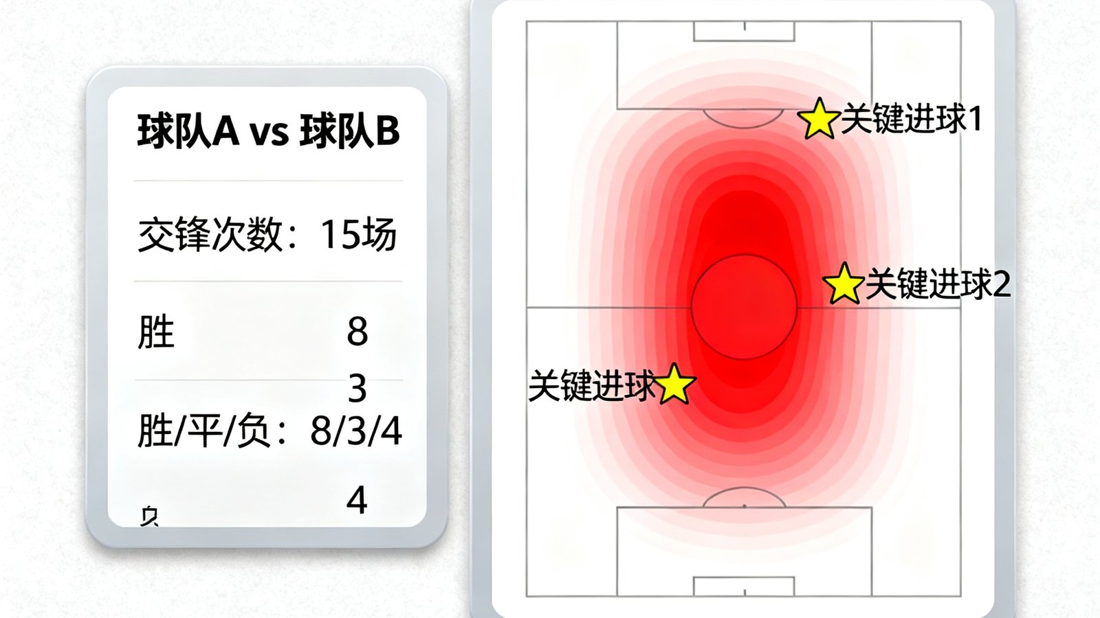 两张历史交锋数据卡片并列，右侧显示前锋跑动热区图，标注关键进球位置